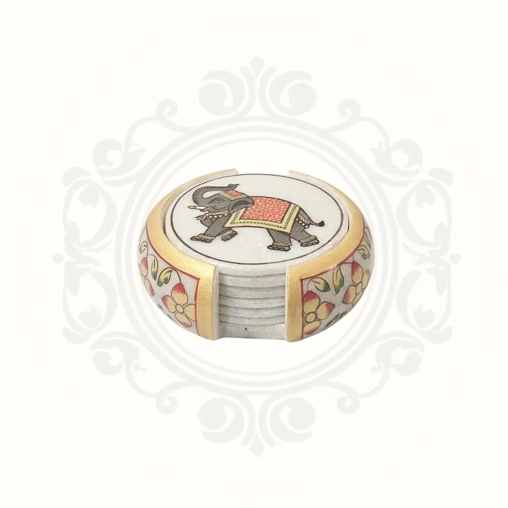 White Marble Golden Work Elephant Coasters