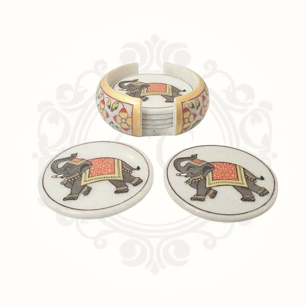 White Marble Golden Work Elephant Coasters