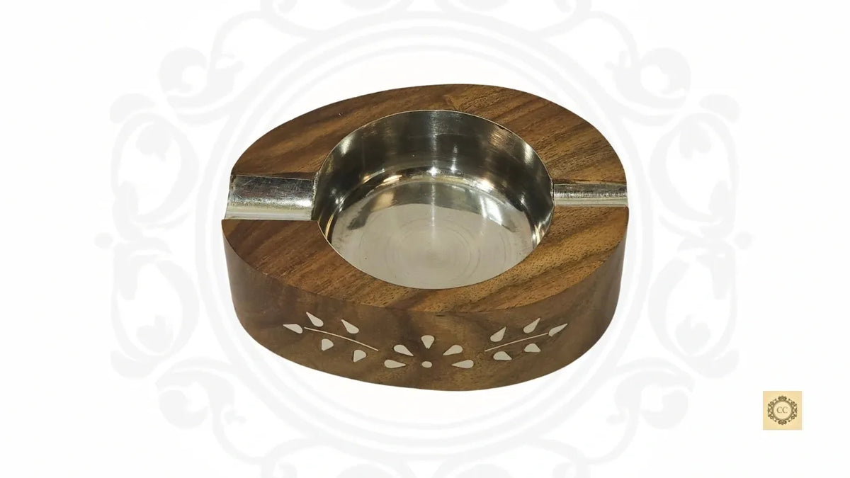 Wooden Ash Tray with White Floral Inlay