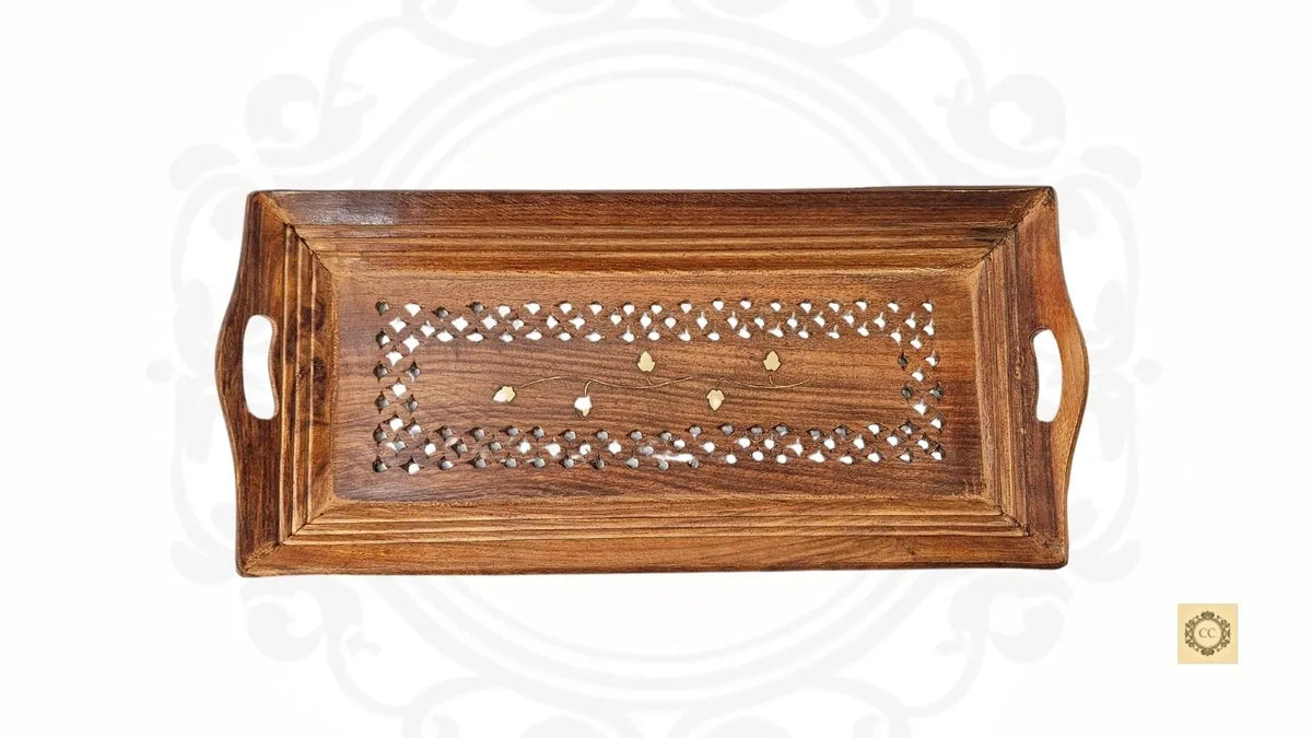 Wooden Hand-carved Brass Inlaid Tray