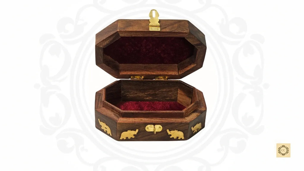 Wooden Brass Inlaid & Hand-carved Octagon Jewelry Box