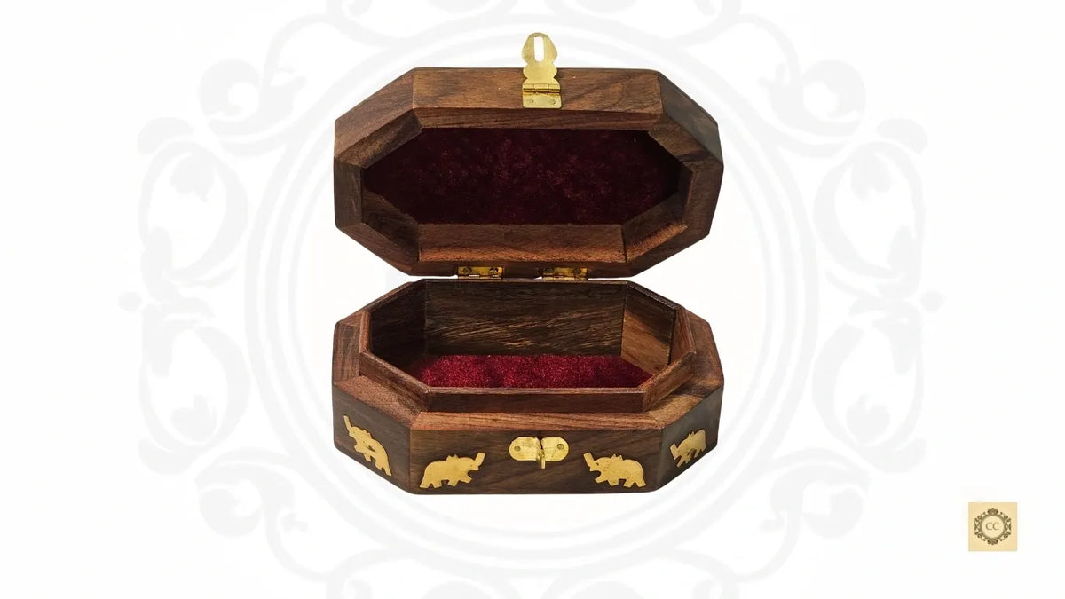 Wooden Brass Inlaid & Hand-carved Octagon Jewelry Box