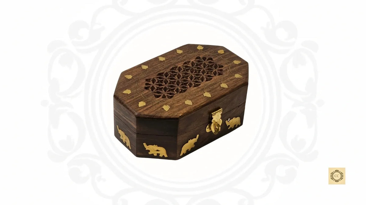 Wooden Brass Inlaid & Hand-carved Octagon Jewelry Box