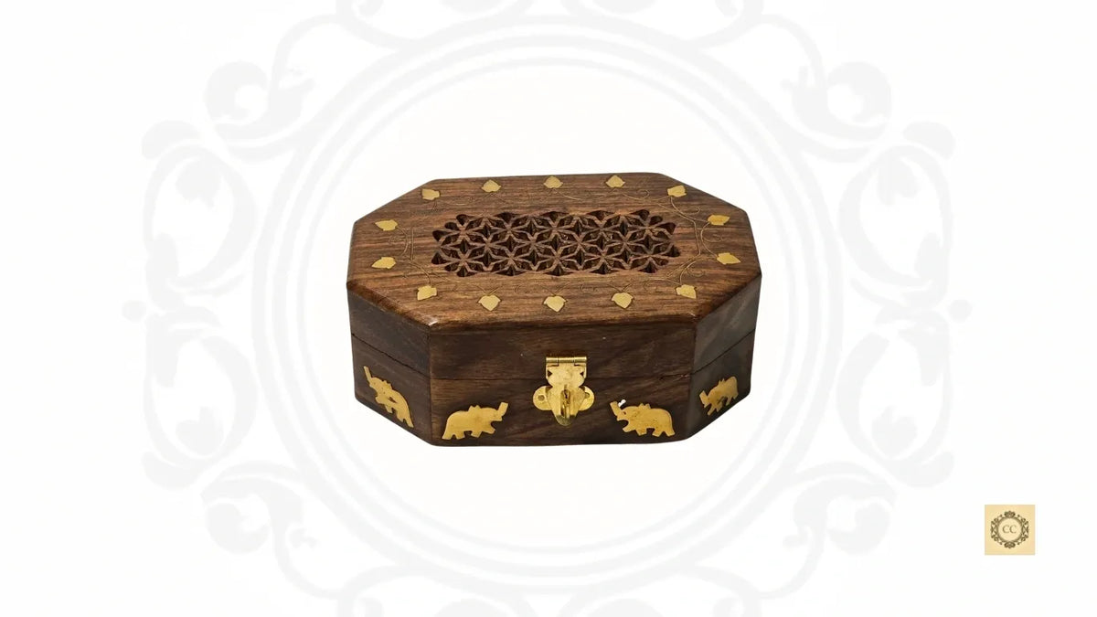 Wooden Brass Inlaid & Hand-carved Octagon Jewelry Box