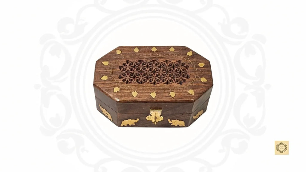 Wooden Brass Inlaid & Hand-carved Octagon Jewelry Box