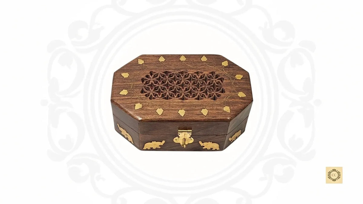 Wooden Brass Inlaid & Hand-carved Octagon Jewelry Box