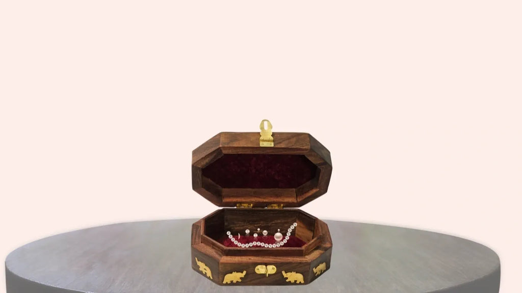 Wooden Brass Inlaid & Hand-carved Octagon Jewelry Box