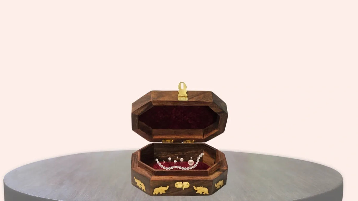 Wooden Brass Inlaid & Hand-carved Octagon Jewelry Box