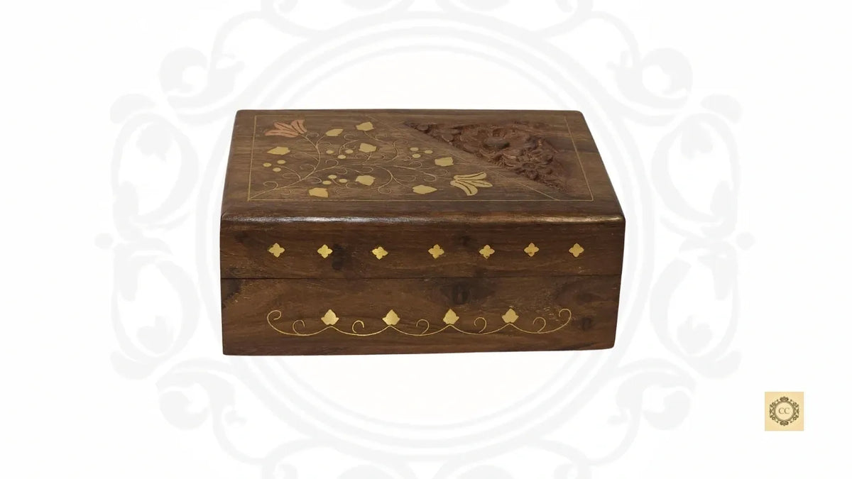 Wooden Floral Brass Inlaid and Hand-carved Jewelry Box