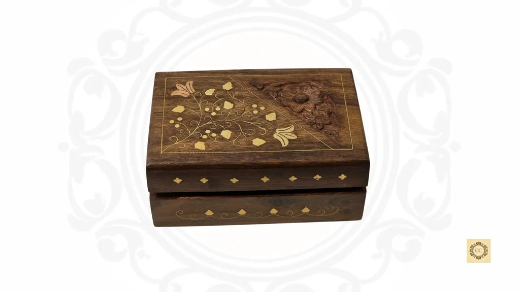 Wooden Floral Brass Inlaid and Hand-carved Jewelry Box