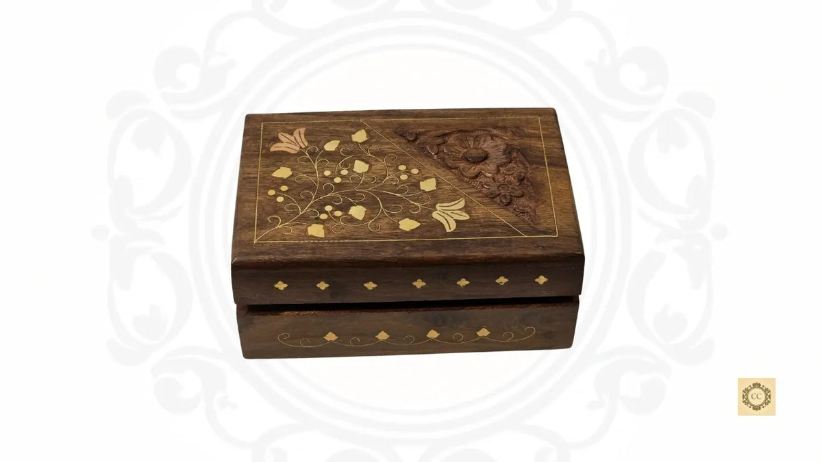 Wooden Floral Brass Inlaid and Hand-carved Jewelry Box