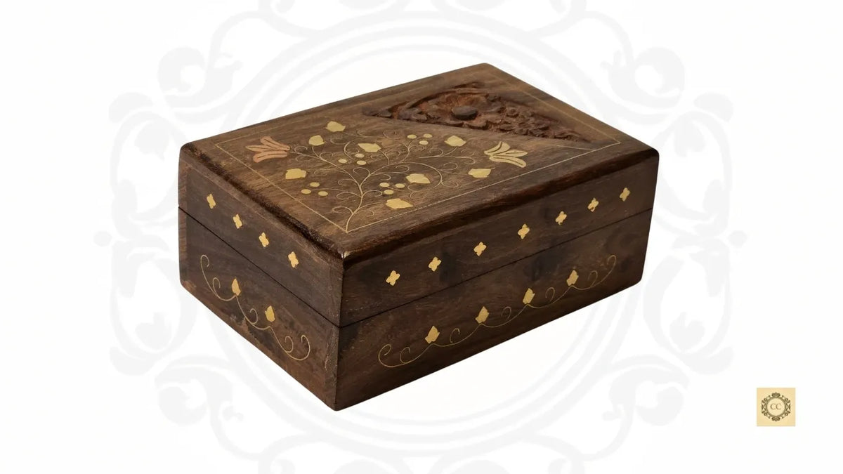 Wooden Floral Brass Inlaid and Hand-carved Jewelry Box