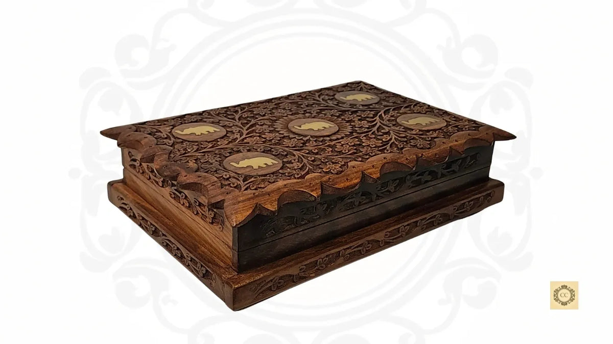 Brass Inlaid and Hand-carved Hidden Lock Jewelry Box