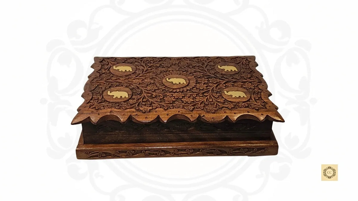 Brass Inlaid and Hand-carved Hidden Lock Jewelry Box