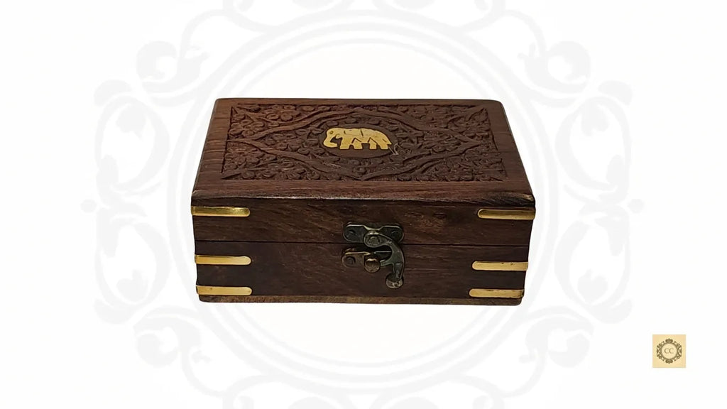 Wooden Brass Elephant Inlaid & hand-carved Jewelry Box