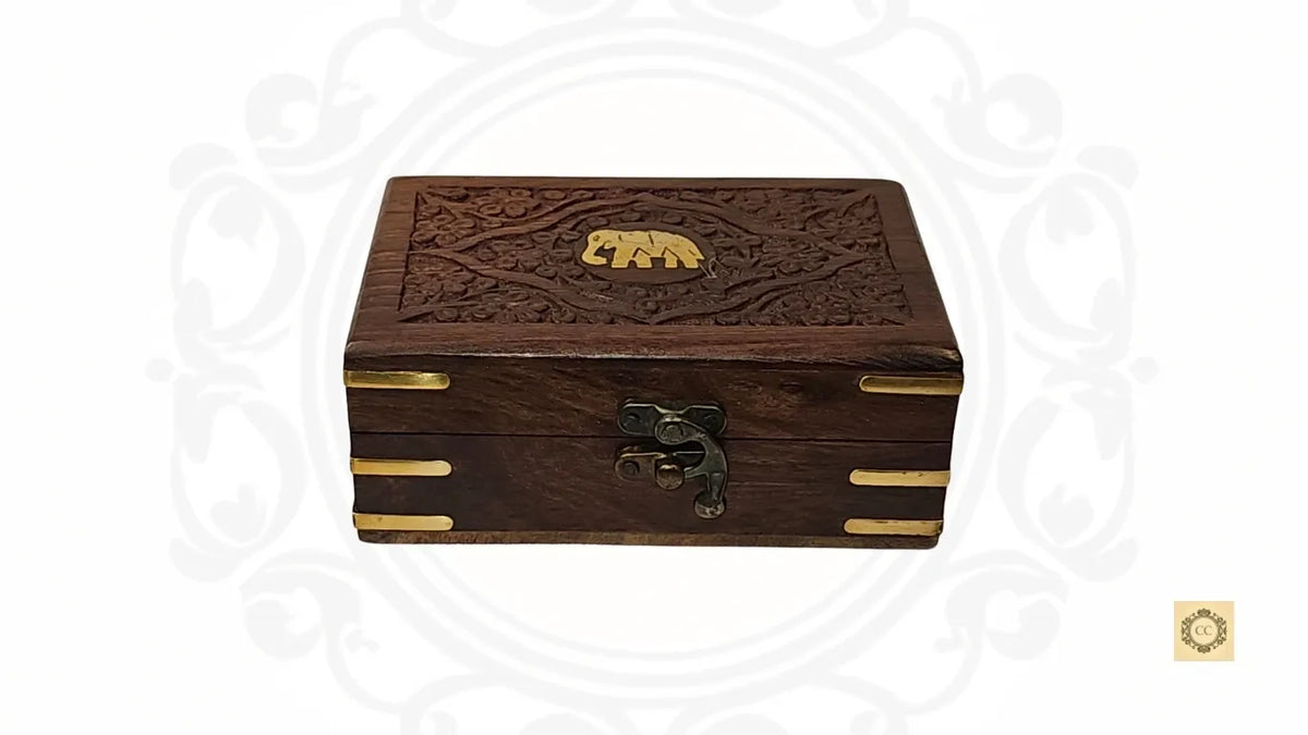 Wooden Brass Elephant Inlaid & hand-carved Jewelry Box