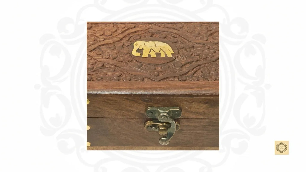 Wooden Brass Elephant Inlaid & hand-carved Jewelry Box
