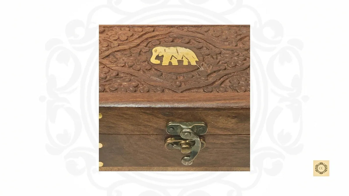 Wooden Brass Elephant Inlaid & hand-carved Jewelry Box