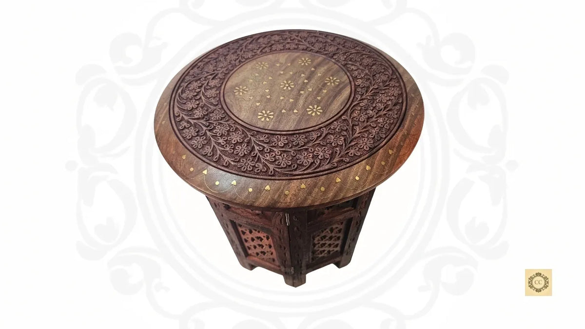 Wooden Hand-carved with Brass Inlay Octagon Folding table