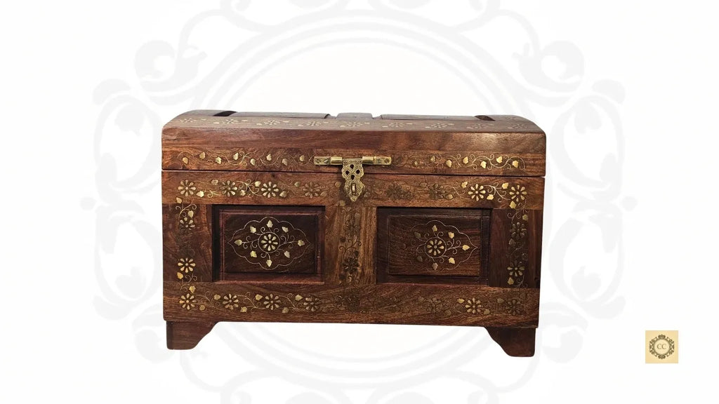 Solid Wood Brass Inlaid and carved Chest with Handles