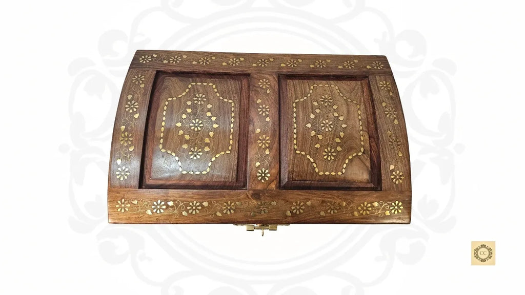 Solid Wood Brass Inlaid and carved Chest with Handles