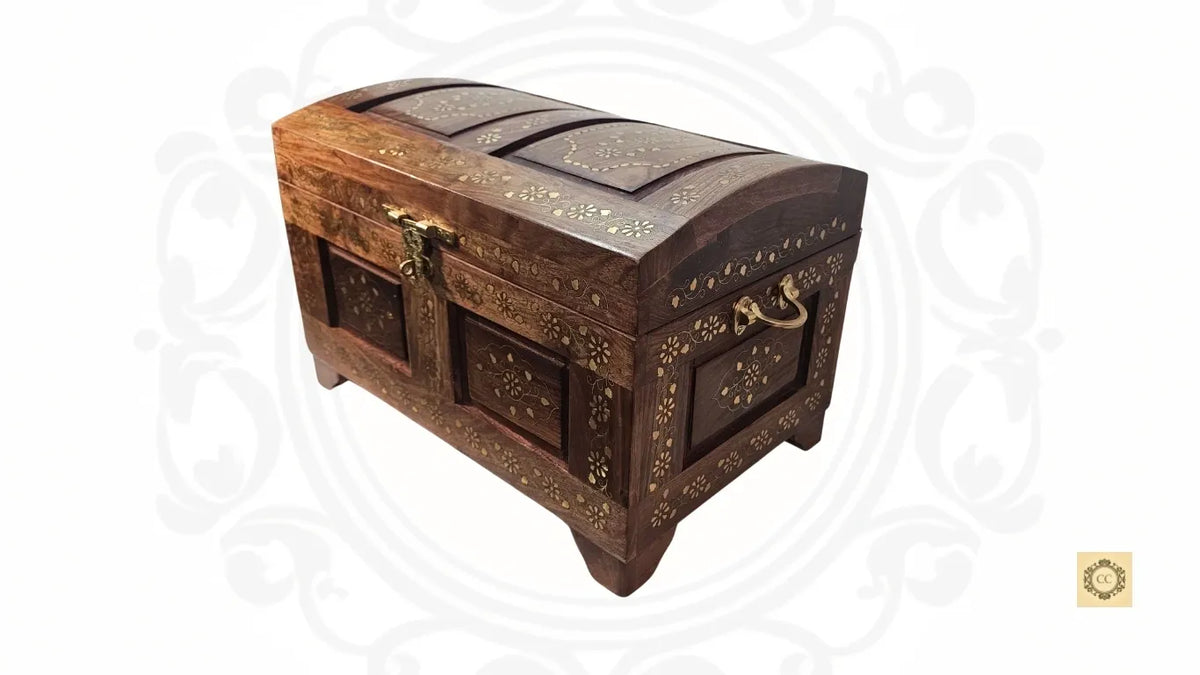 Solid Wood Brass Inlaid and carved Chest with Handles