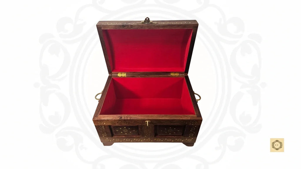Solid Wood Brass Inlaid and carved Chest with Handles