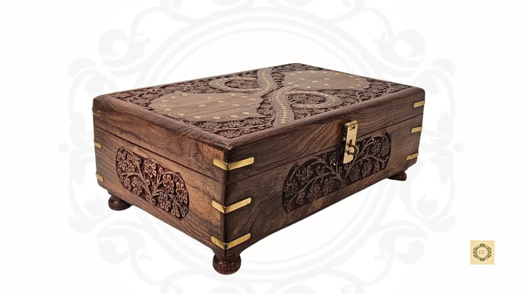 Wooden Hand -carved Brass Inlaid Jewelry/Bangle Box with Mirror