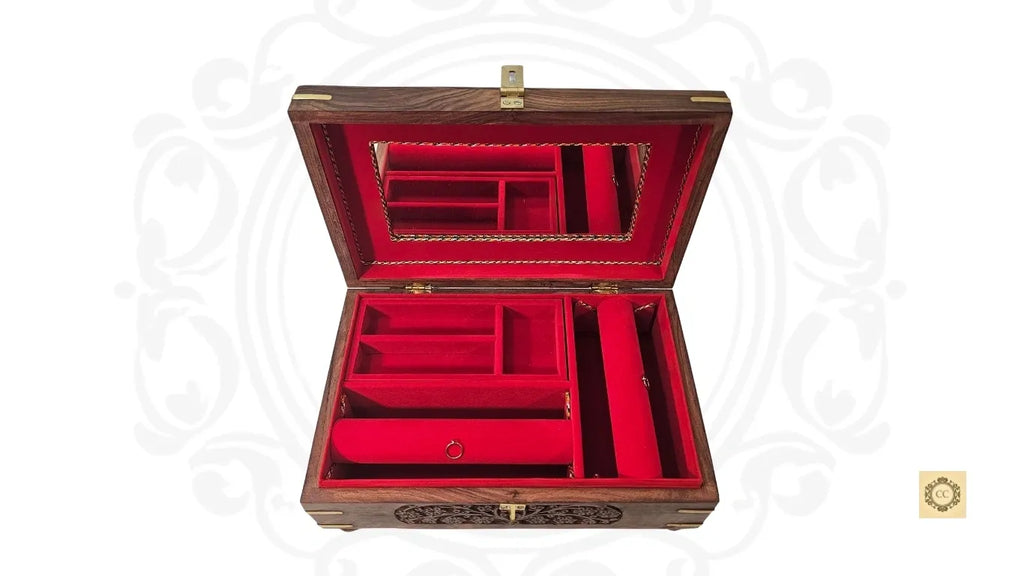 Wooden Hand -carved Brass Inlaid Jewelry/Bangle Box with Mirror