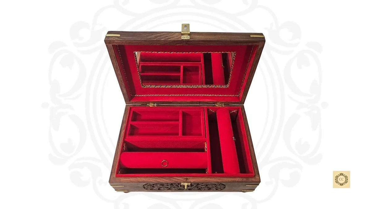 Wooden Hand -carved Brass Inlaid Jewelry/Bangle Box with Mirror
