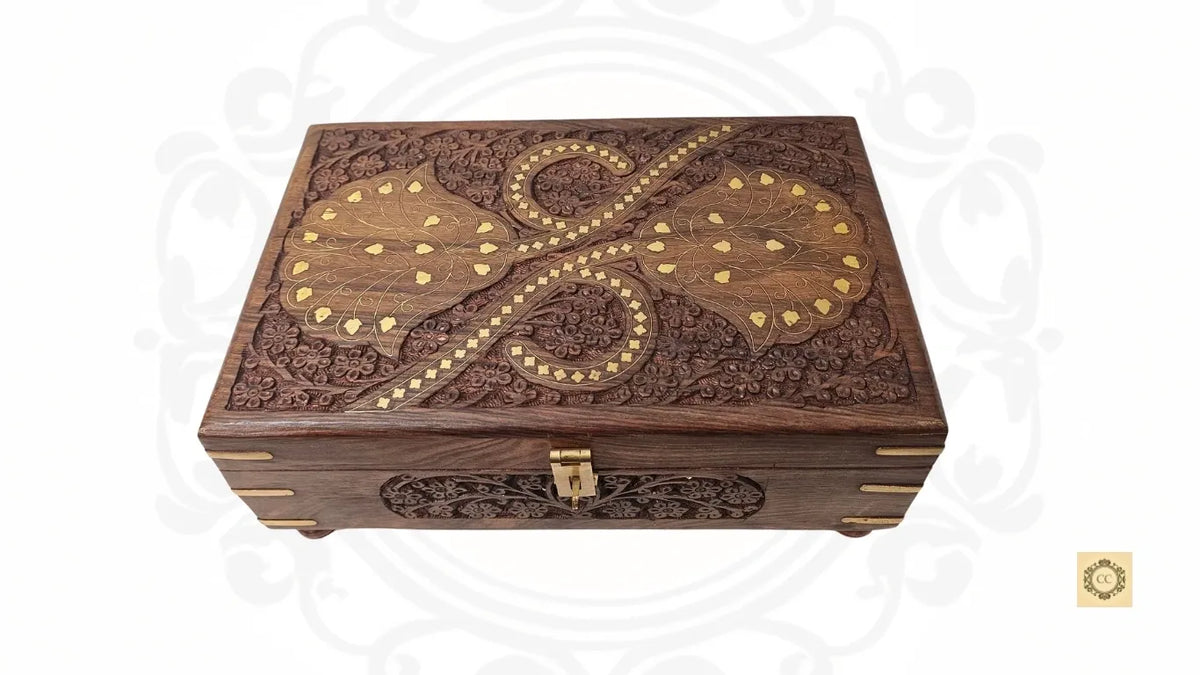 Wooden Hand -carved Brass Inlaid Jewelry/Bangle Box with Mirror