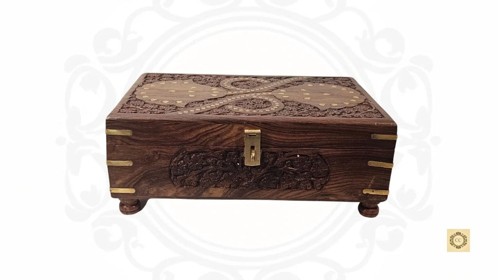 Wooden Hand -carved Brass Inlaid Jewelry/Bangle Box with Mirror