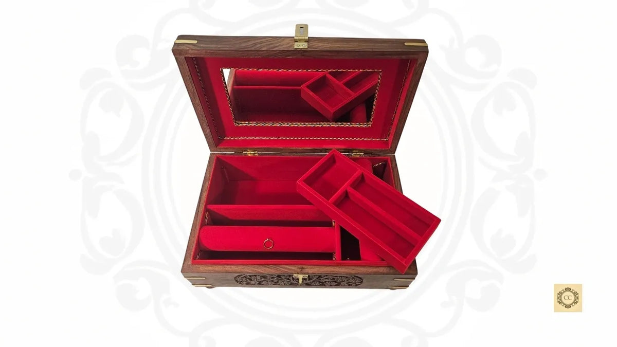 Wooden Hand -carved Brass Inlaid Jewelry/Bangle Box with Mirror