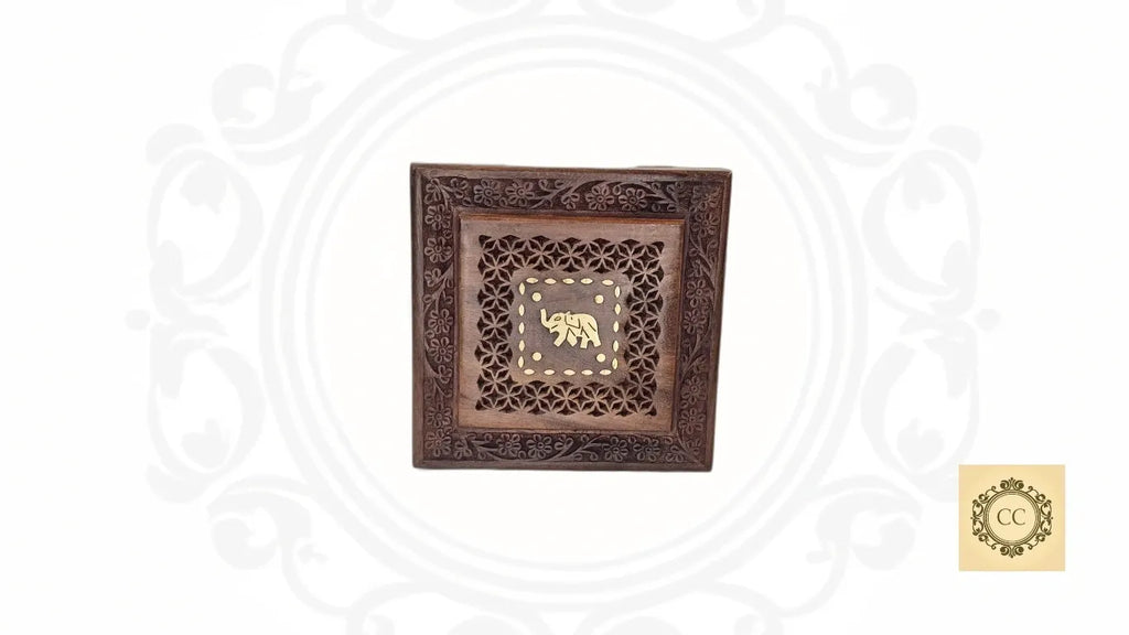 Jewelry Box Brass and Cut work with Elephant inlaid and Velvet inside