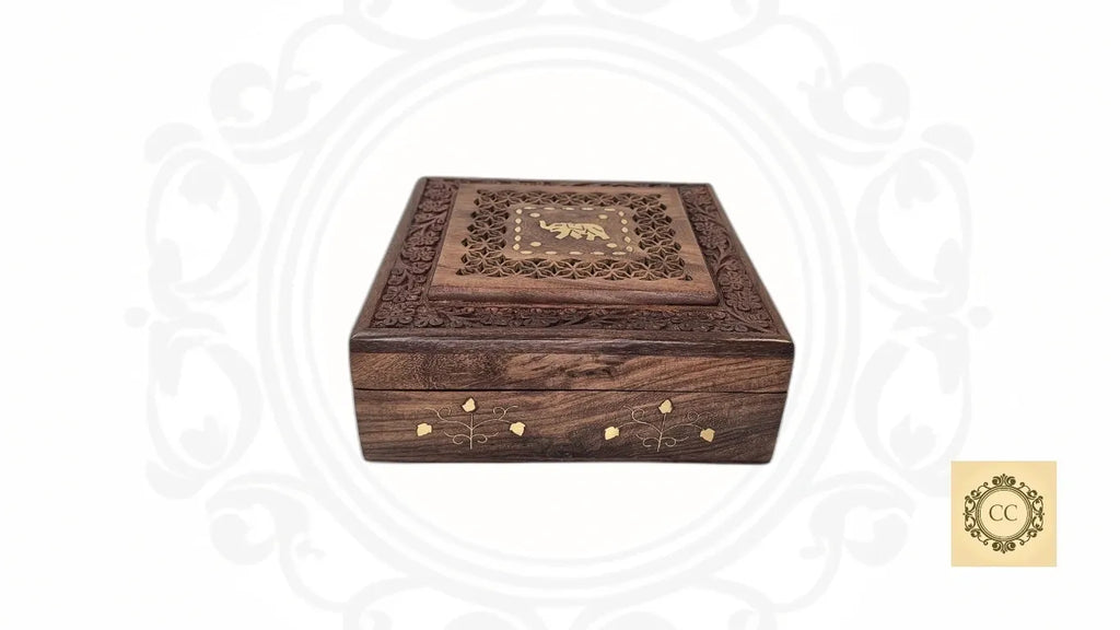 Jewelry Box Brass and Cut work with Elephant inlaid and Velvet inside