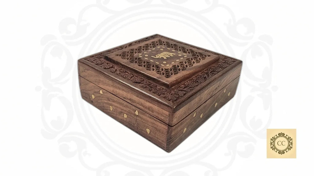 Jewelry Box Brass and Cut work with Elephant inlaid and Velvet inside