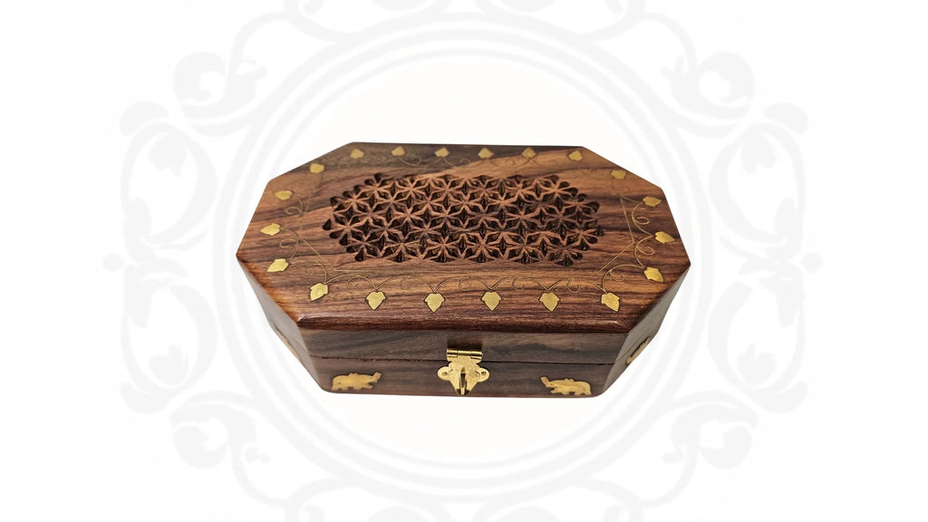 Wooden cut work and brass inlaid box