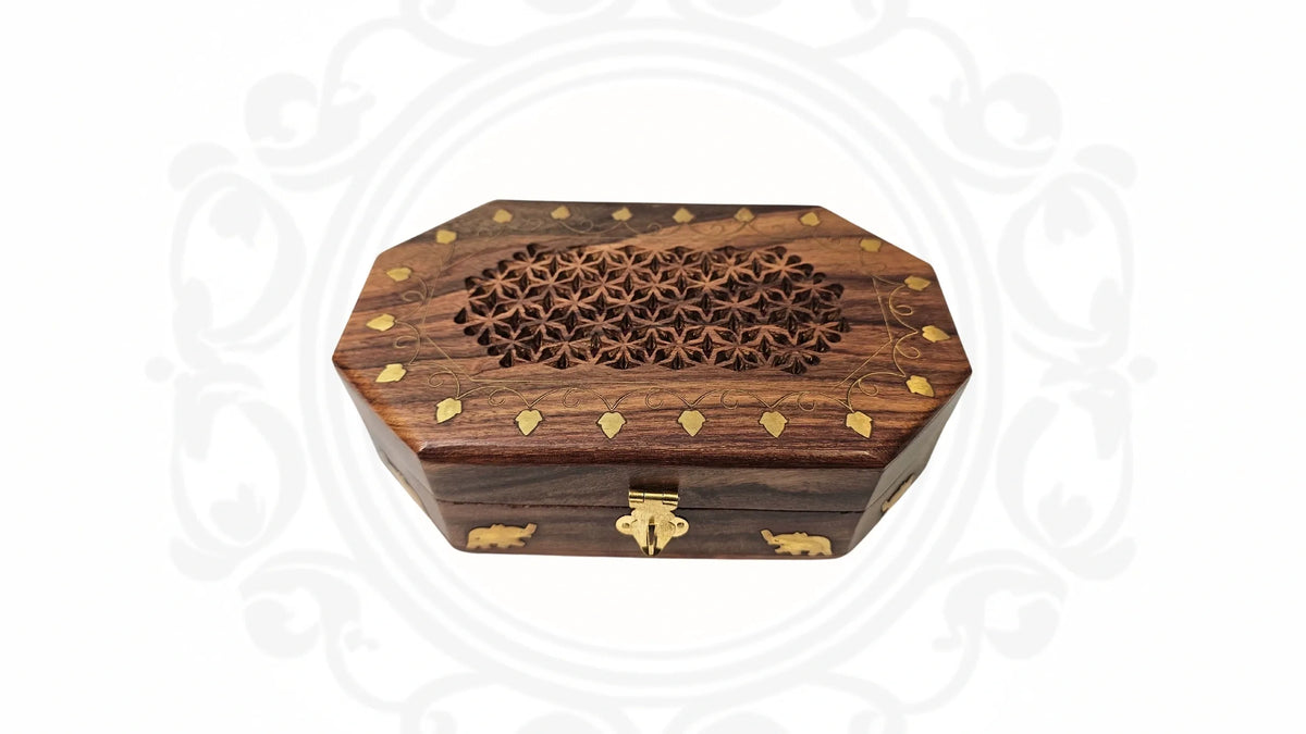 Wooden cut work and brass inlaid box