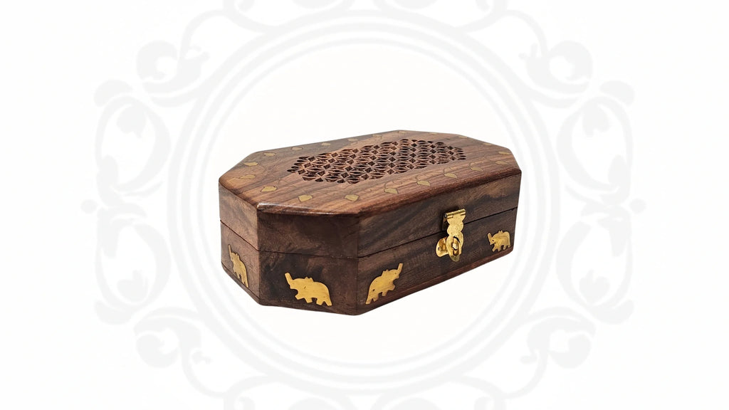 Wooden cut work and brass inlaid box