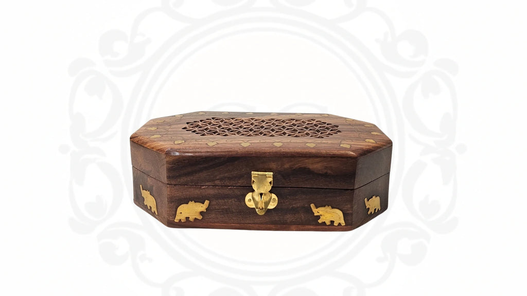 Wooden cut work and brass inlaid box