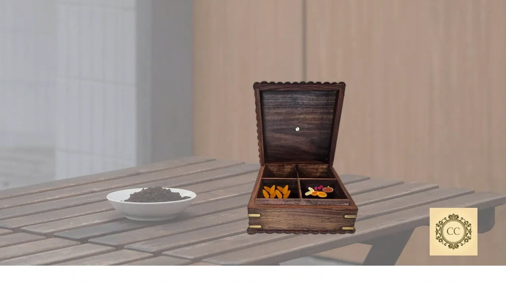 Wooden Hand Carved with Brass Work Dry fruit/Spice/Jewelry Box