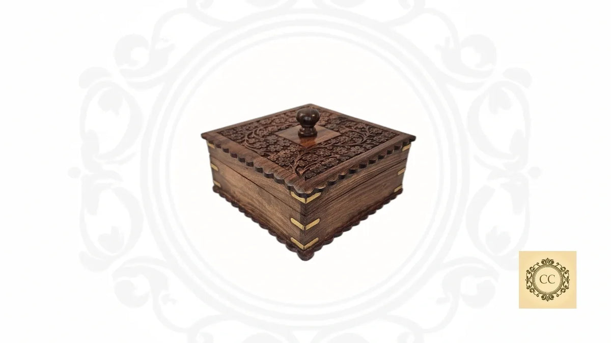Wooden Hand Carved with Brass Work Dry fruit/Spice/Jewelry Box