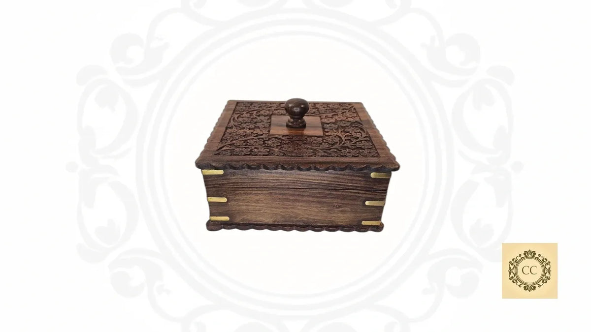 Wooden Hand Carved with Brass Work Dry fruit/Spice/Jewelry Box