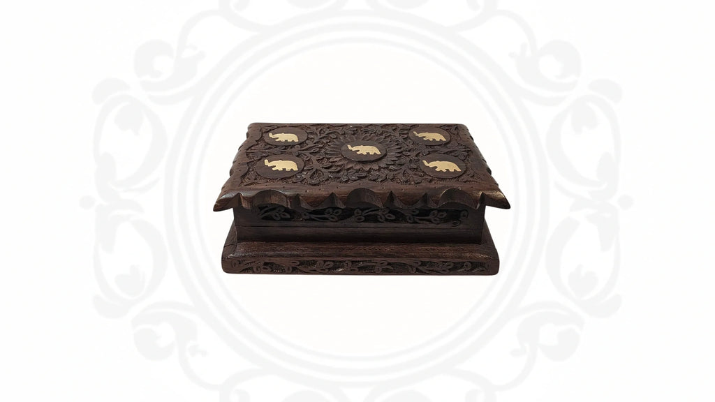 Wooden Hand Carved and Brass Inlaid box with hidden lock