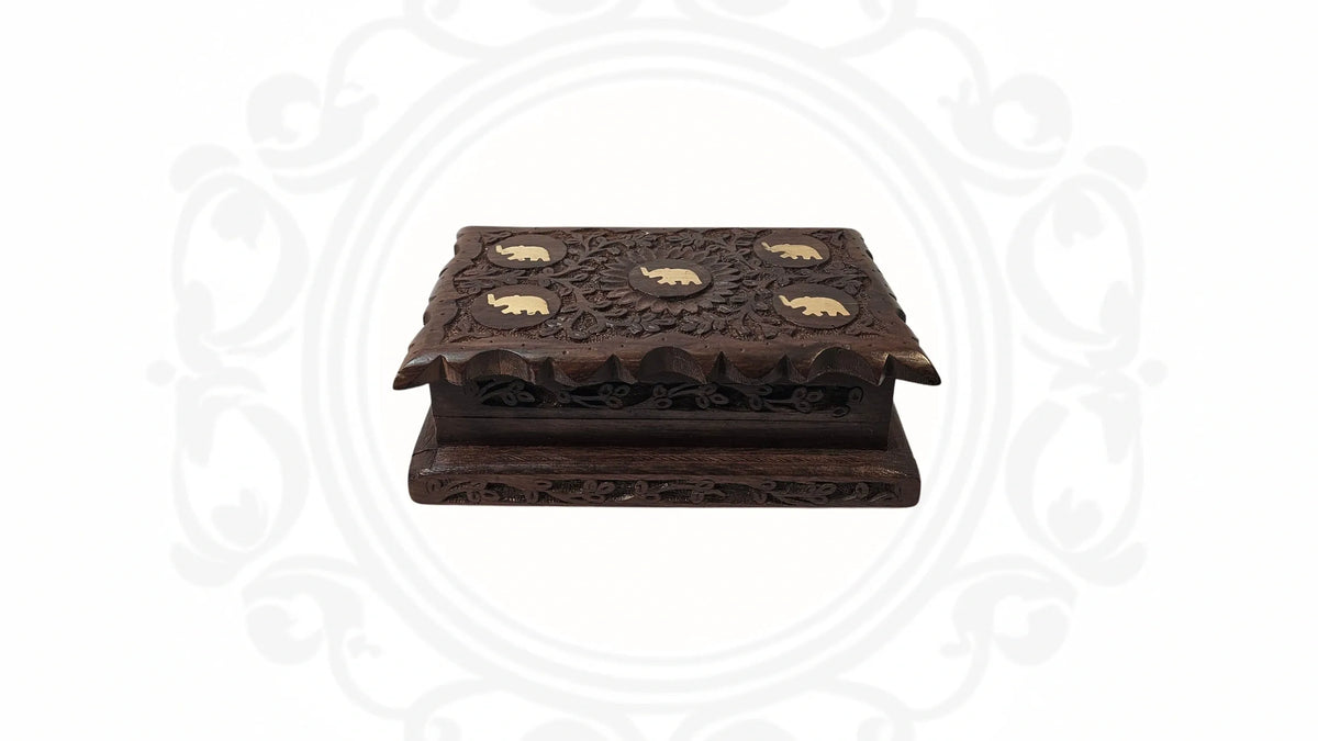 Wooden Hand Carved and Brass Inlaid box with hidden lock