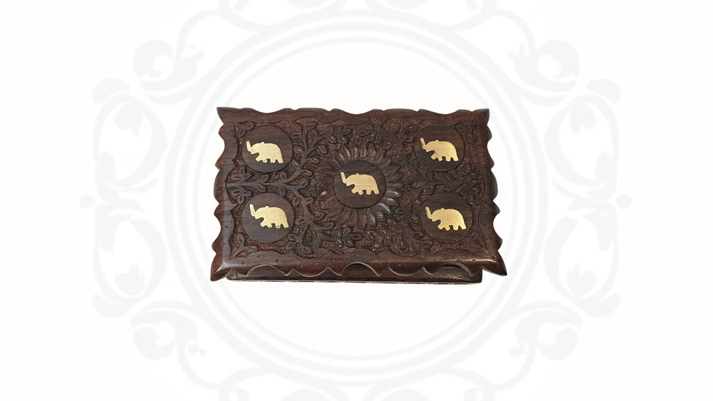 Wooden Hand Carved and Brass Inlaid box with hidden lock