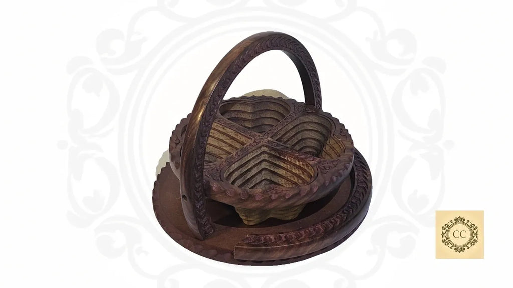 Wooden Hand Carved Folding Fruit Basket with Handle