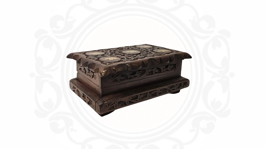 Wooden Hand Carved and Brass Inlaid box with hidden lock