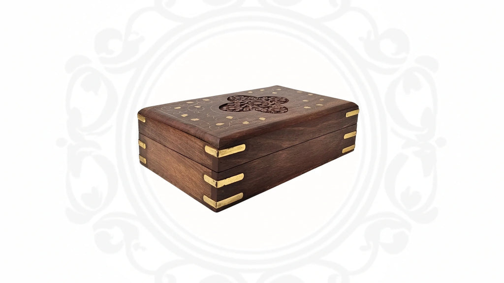 Wooden Hand Carved and Brass Inlaid Jewellery box