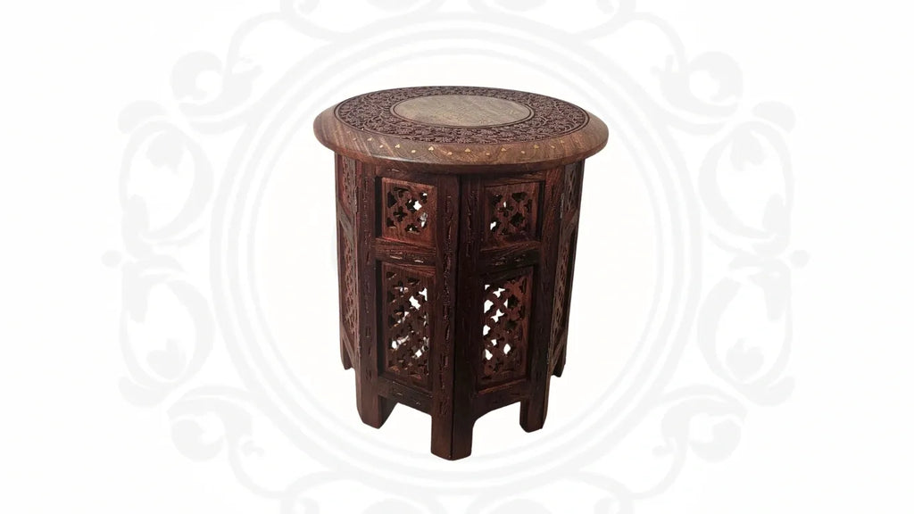 Wooden Hand Carved Brass Inlaid Table With Octagon Legs